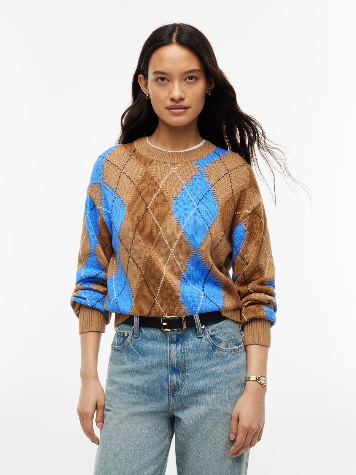 Argyle Relaxed Crew Neck Jumper — Brown