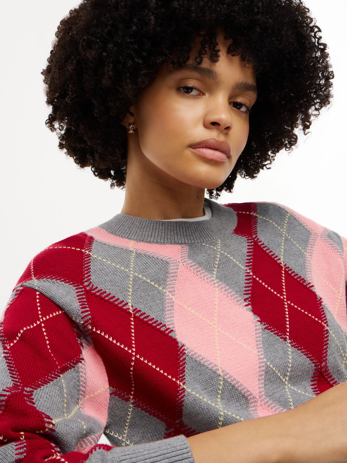 Argyle Relaxed Crew Neck Jumper — Pink