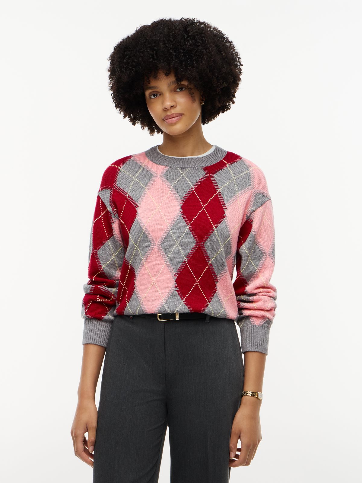 Argyle Relaxed Crew Neck Jumper — Pink