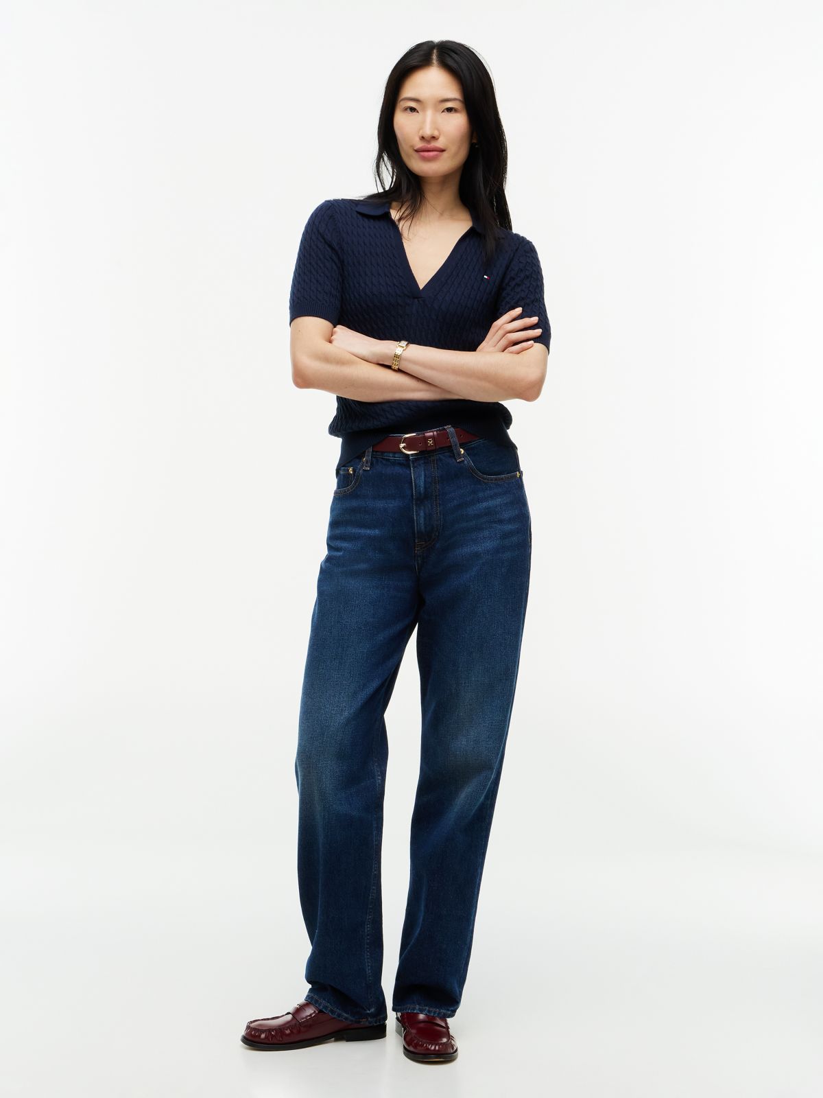 Cable Knit Short Sleeve Polo Jumper — Blue