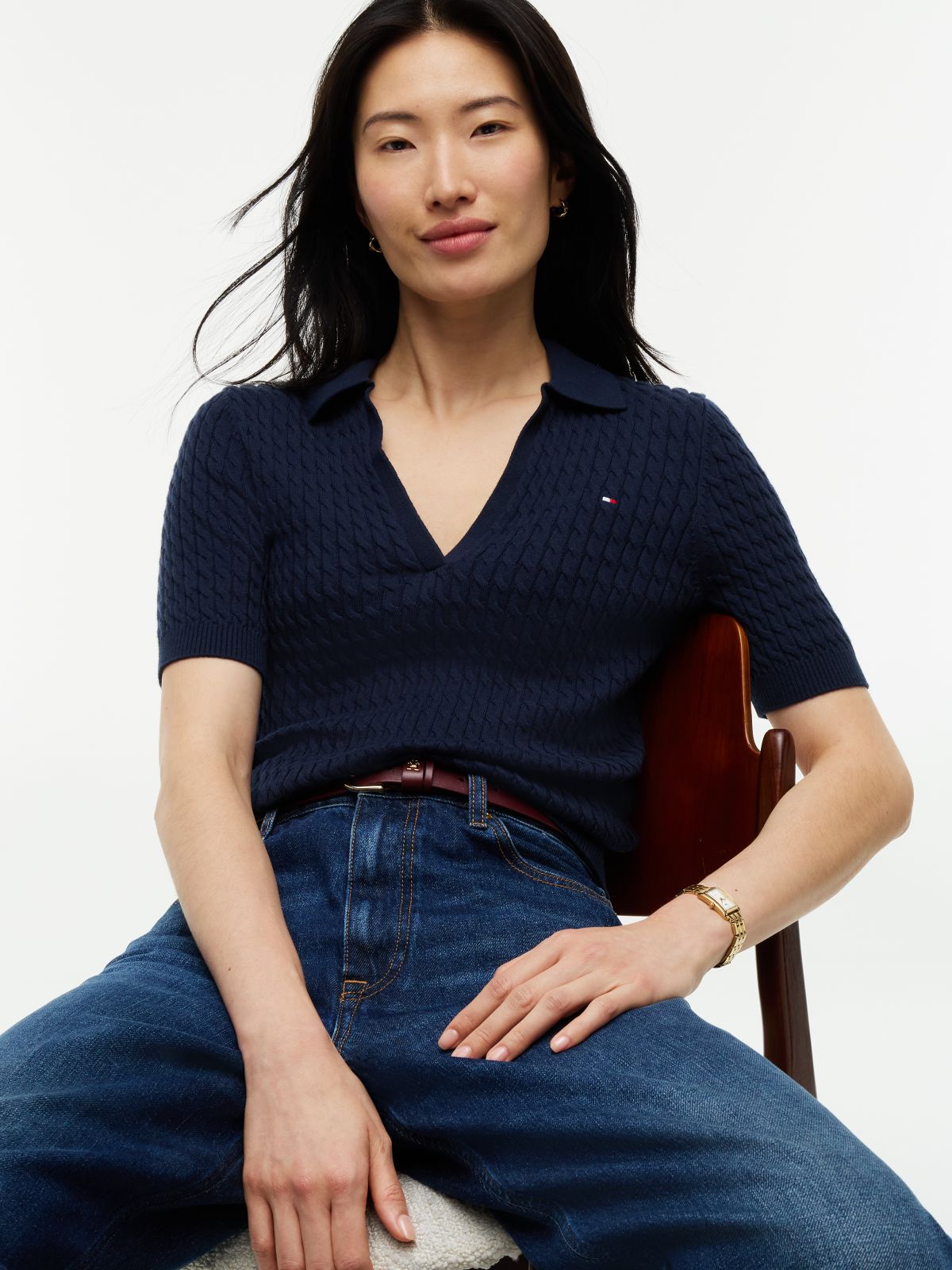 Cable Knit Short Sleeve Polo Jumper — Blue