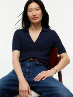Cable Knit Short Sleeve Polo Jumper — Blue 3