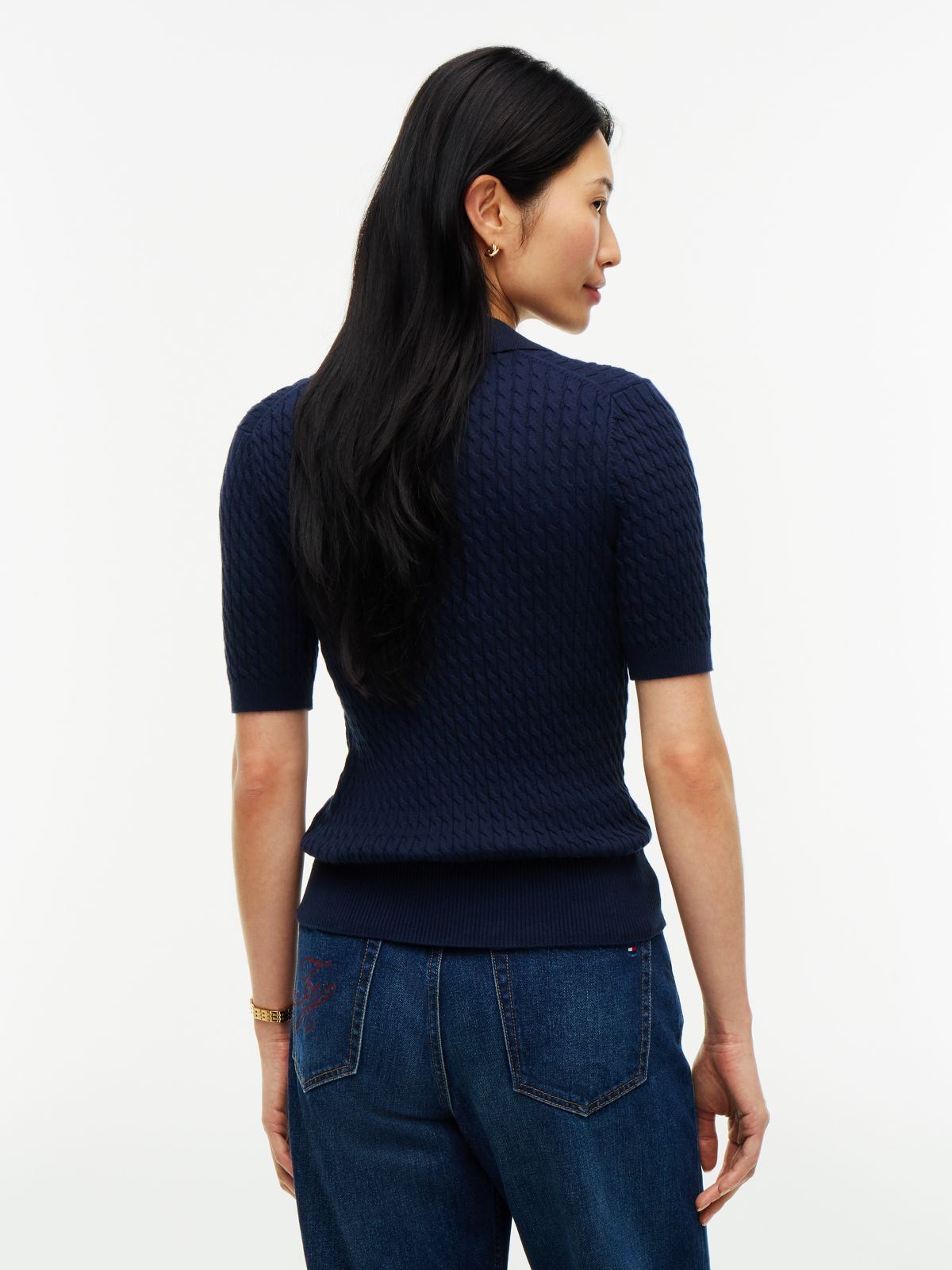 Cable Knit Short Sleeve Polo Jumper — Blue