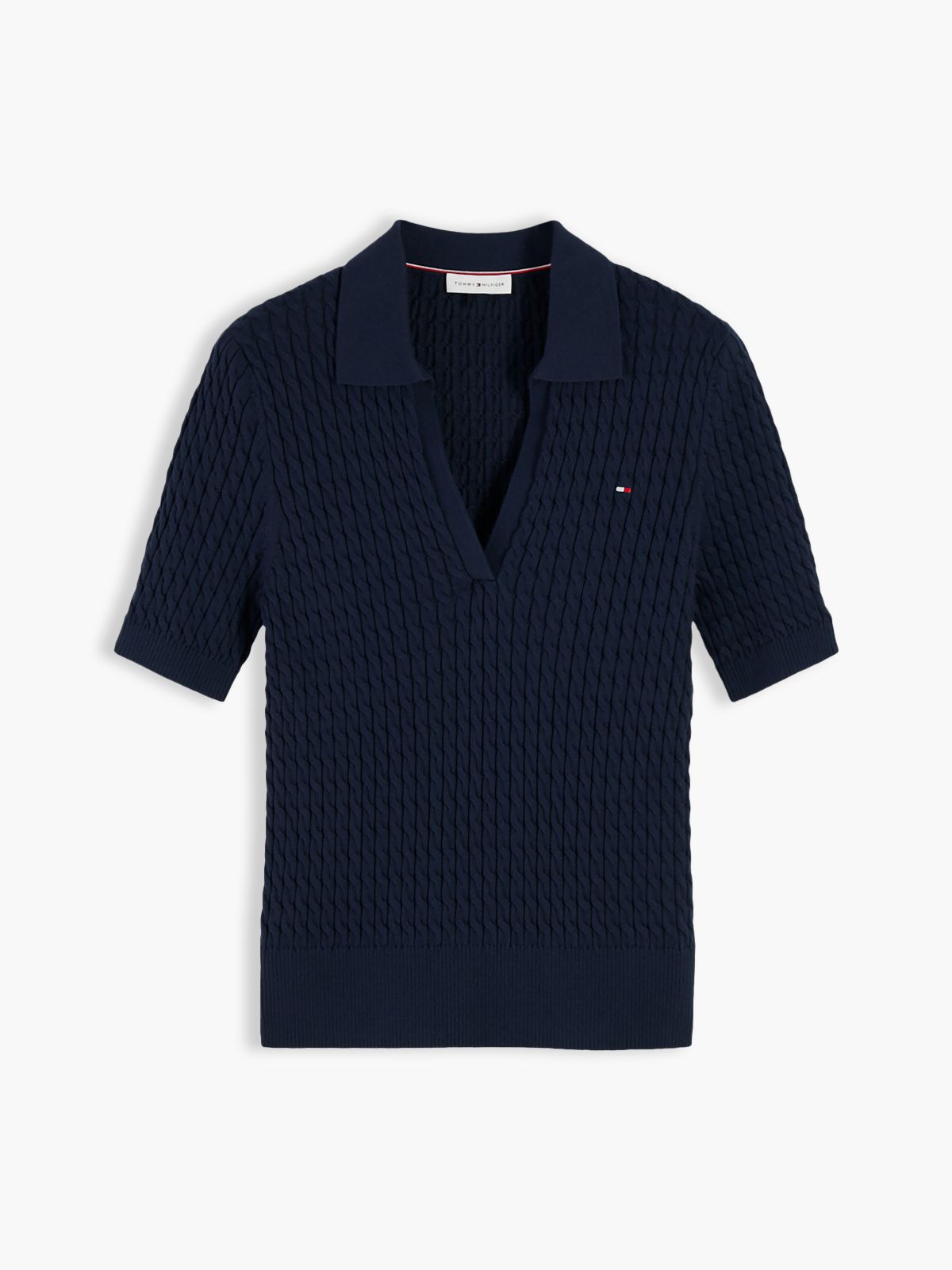 Cable Knit Short Sleeve Polo Jumper — Blue