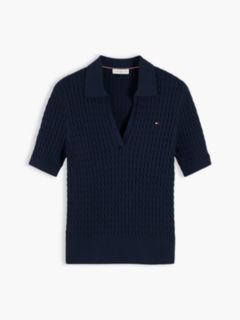 Cable Knit Short Sleeve Polo Jumper — Blue 5