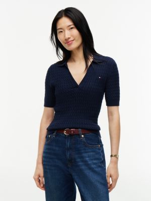 blue polo-pullover mit zopfmuster und kurzen ärmeln für damen - tommy hilfiger