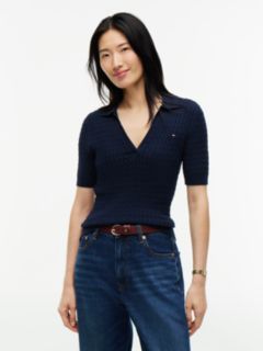 Cable Knit Short Sleeve Polo Jumper — Blue 1