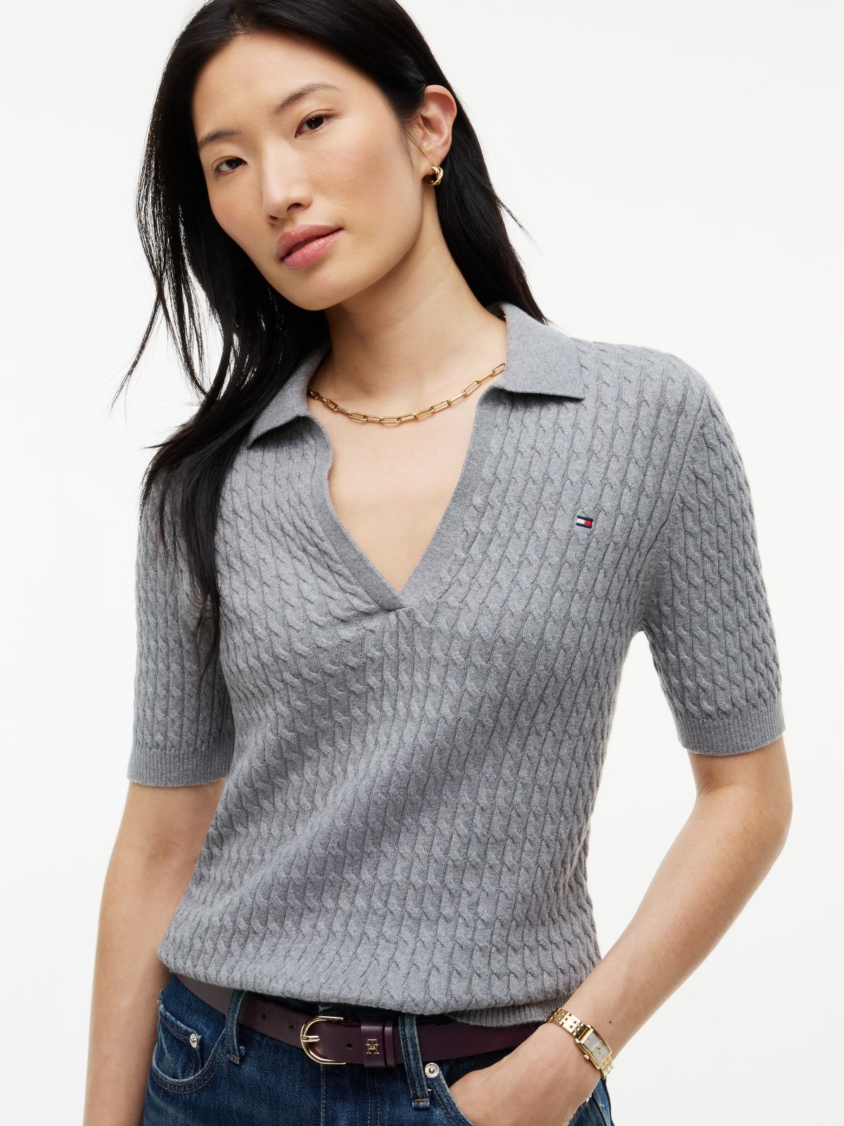Cable Knit Short Sleeve Polo Jumper — Grey