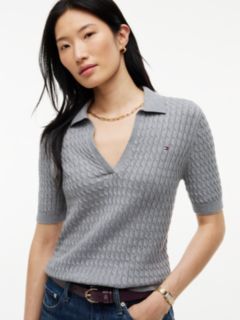 Cable Knit Short Sleeve Polo Jumper — Grey 3