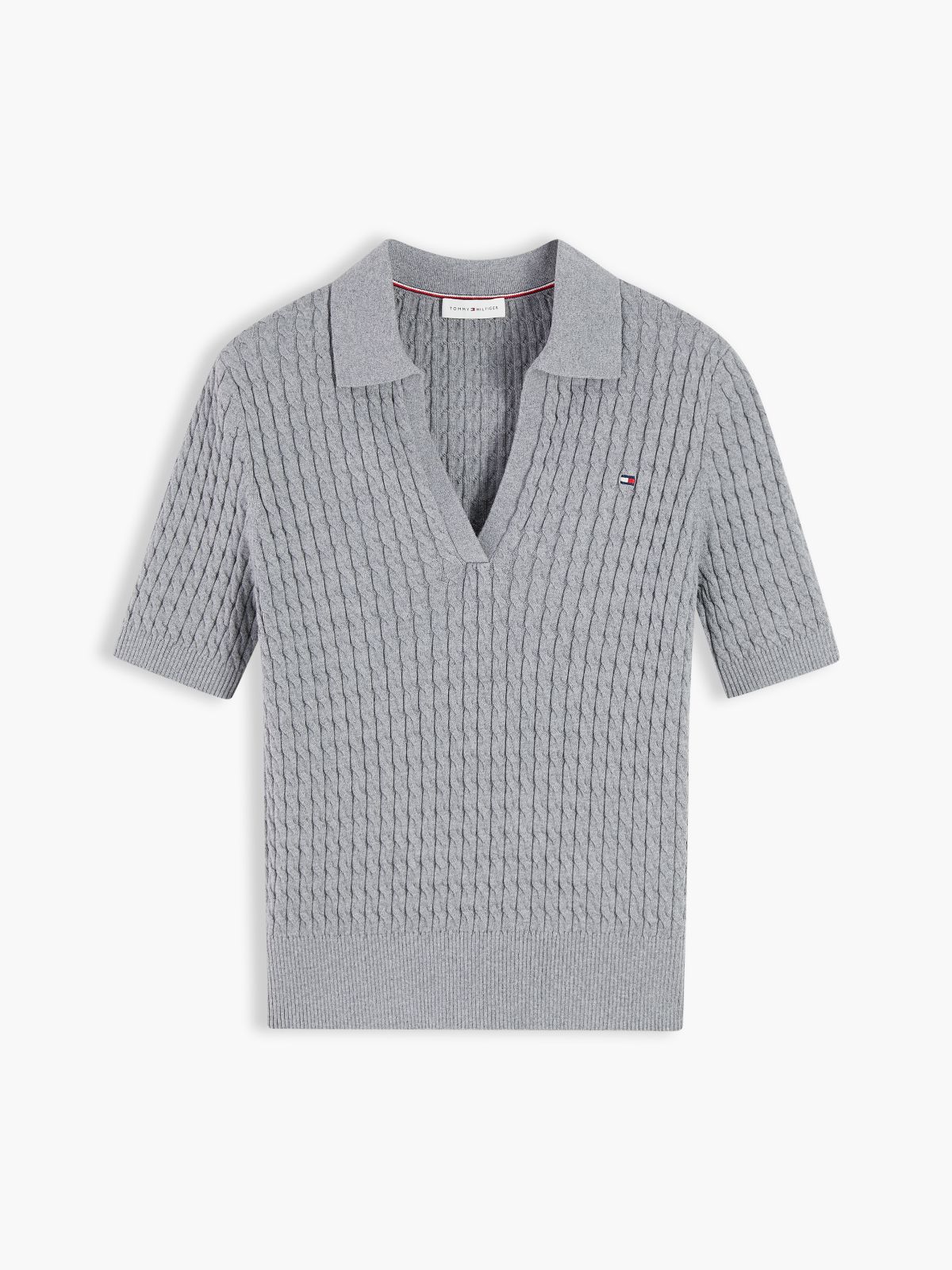 Cable Knit Short Sleeve Polo Jumper — Grey