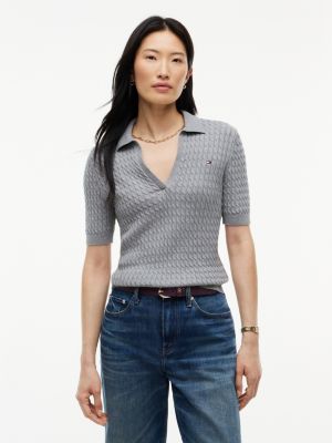 grey polo-pullover mit zopfmuster und kurzen ärmeln für damen - tommy hilfiger