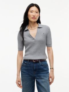 Cable Knit Short Sleeve Polo Jumper — Grey 1