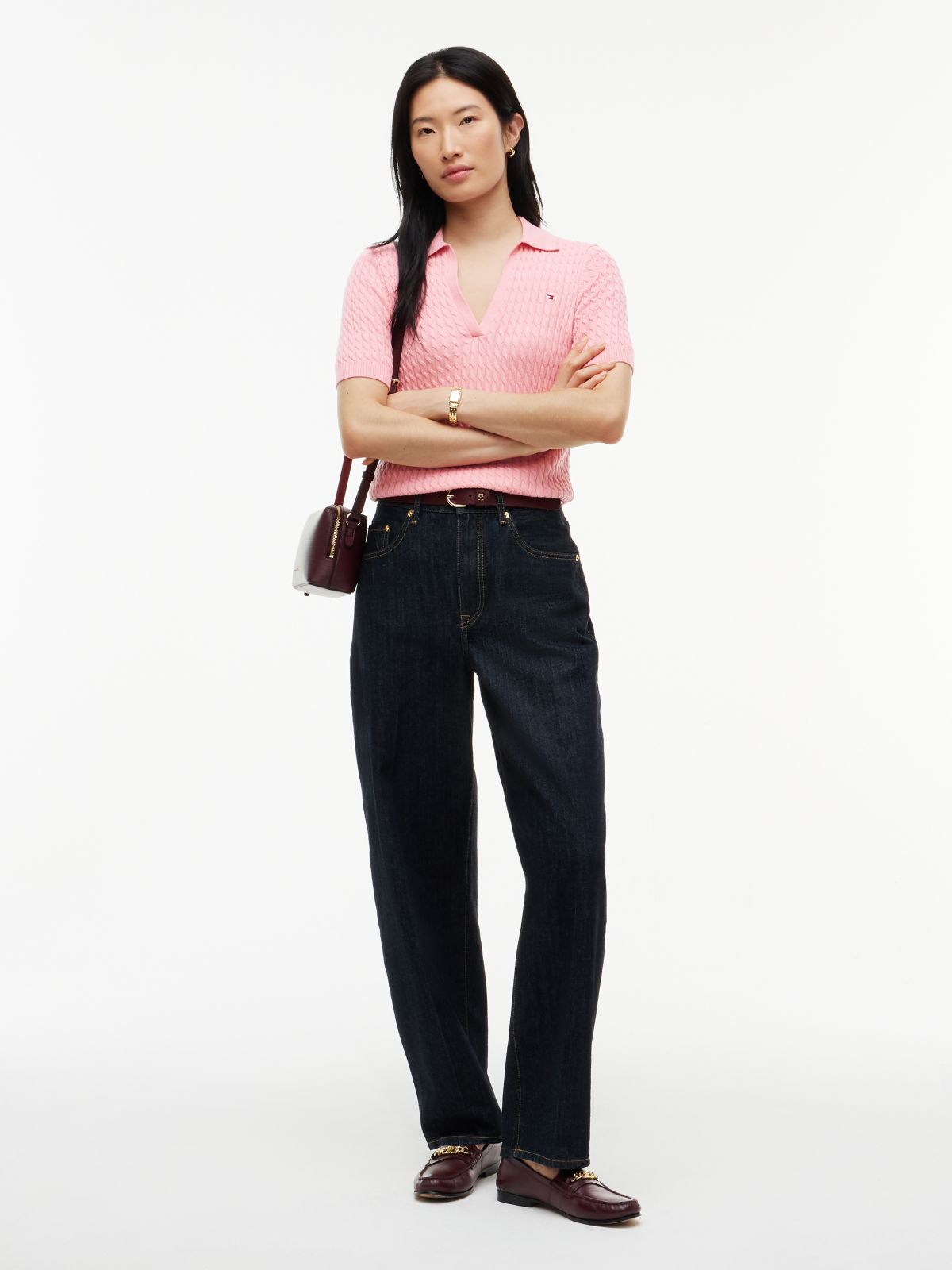 Cable Knit Short Sleeve Polo Jumper — Pink