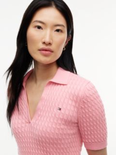 Cable Knit Short Sleeve Polo Jumper — Pink 3