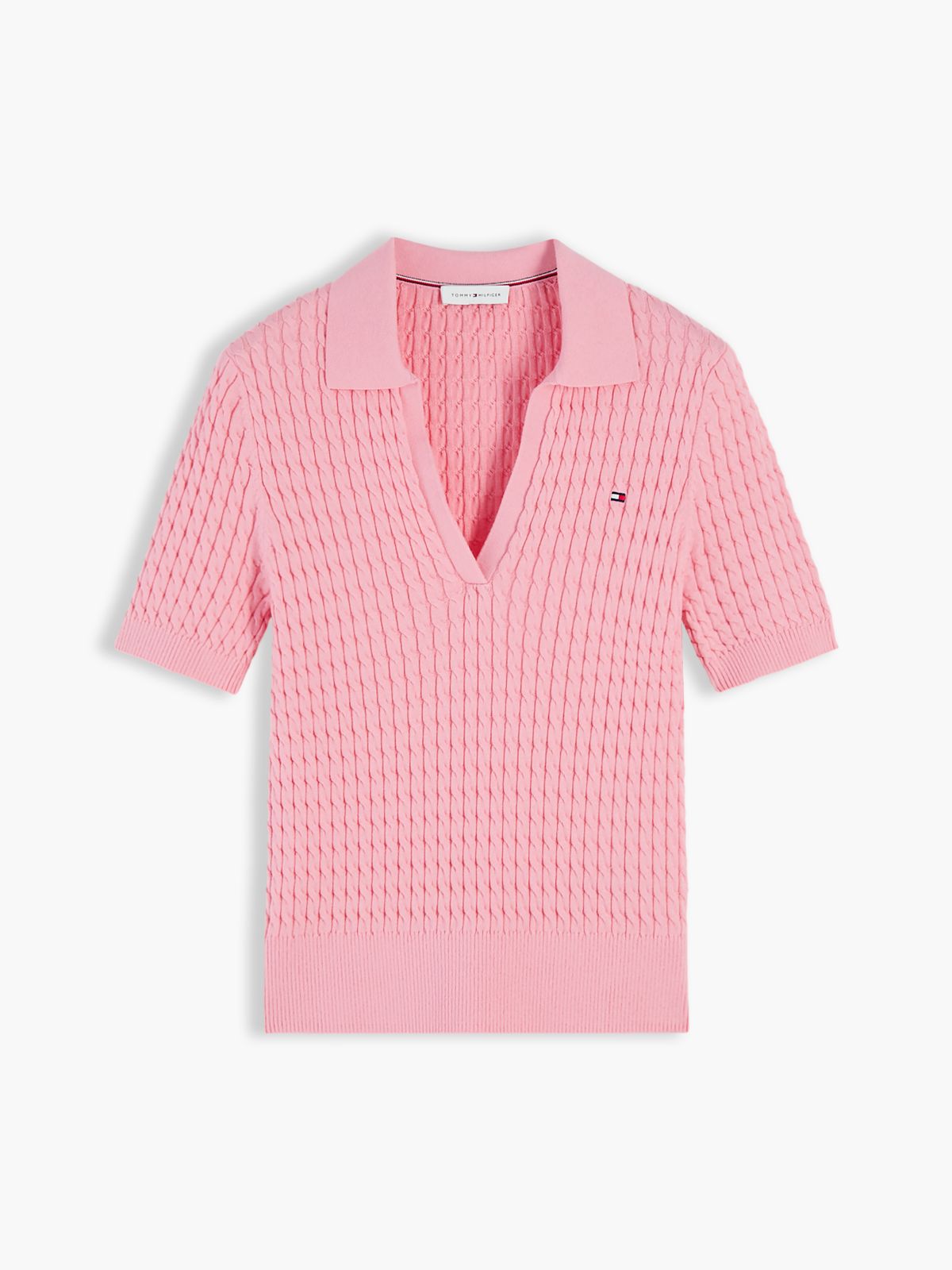 Cable Knit Short Sleeve Polo Jumper — Pink
