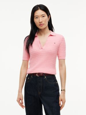 pink polo-pullover mit zopfmuster und kurzen ärmeln für damen - tommy hilfiger