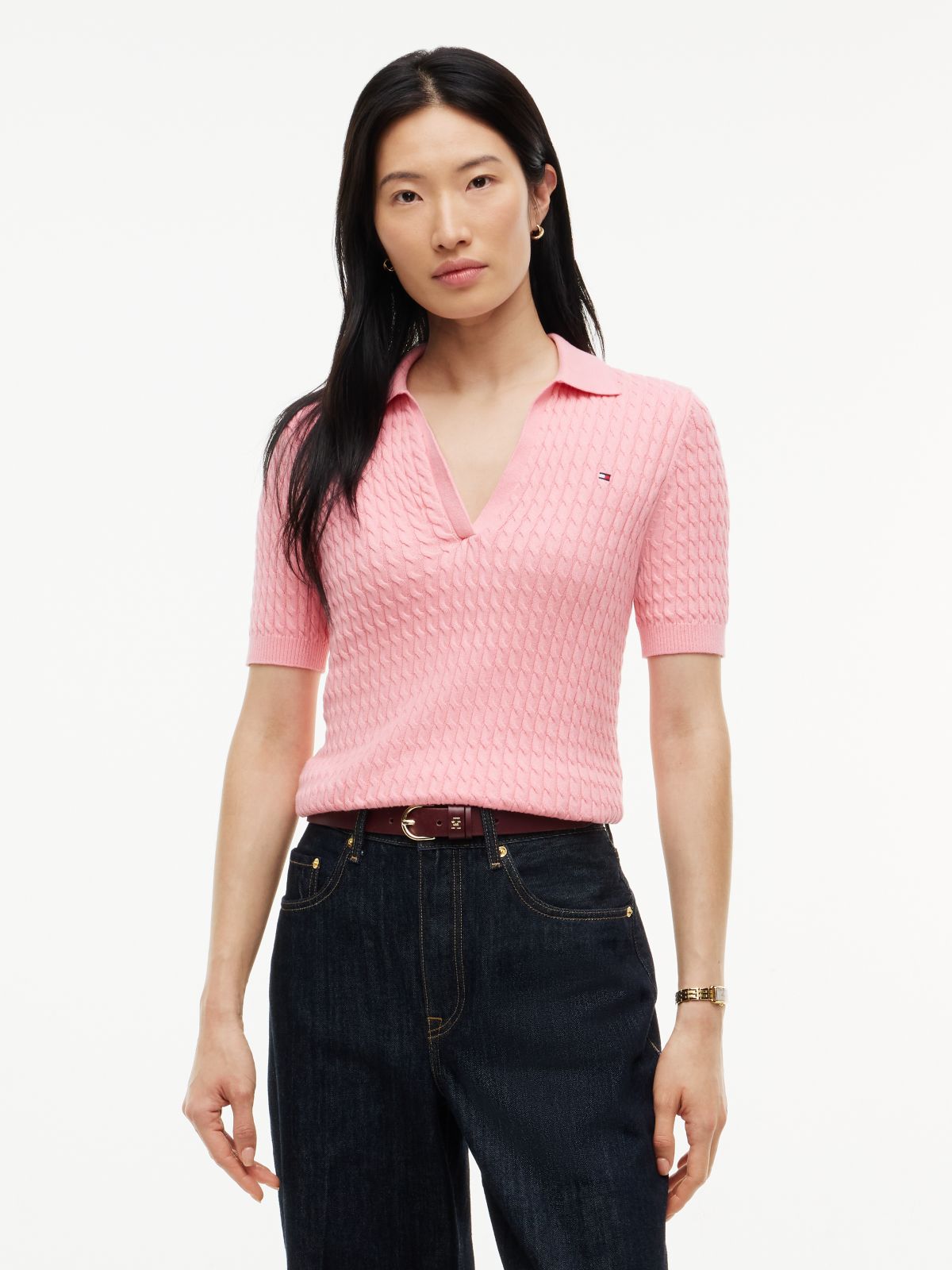Cable Knit Short Sleeve Polo Jumper — Pink