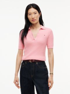 Cable Knit Short Sleeve Polo Jumper — Pink 1