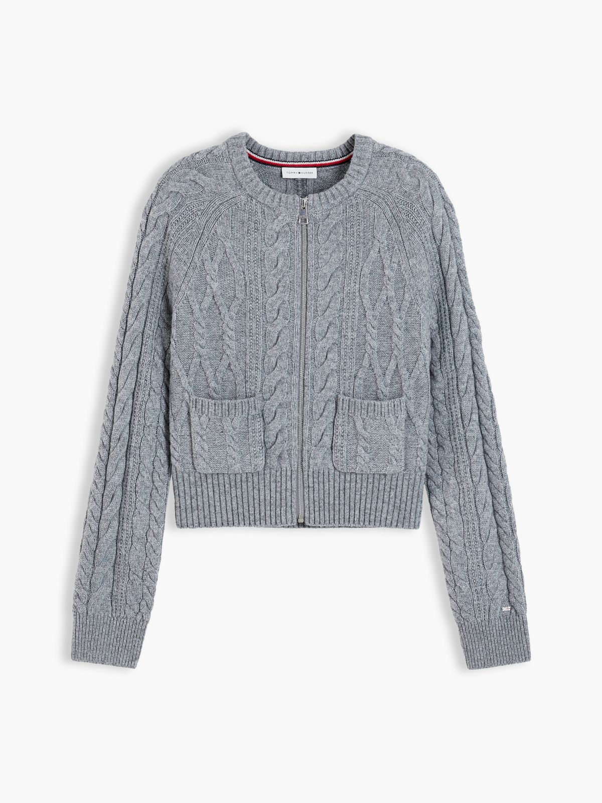 Wool Blend Cable Knit Slim Cardigan — Grey