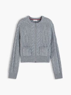 Wool Blend Cable Knit Slim Cardigan — Grey 5