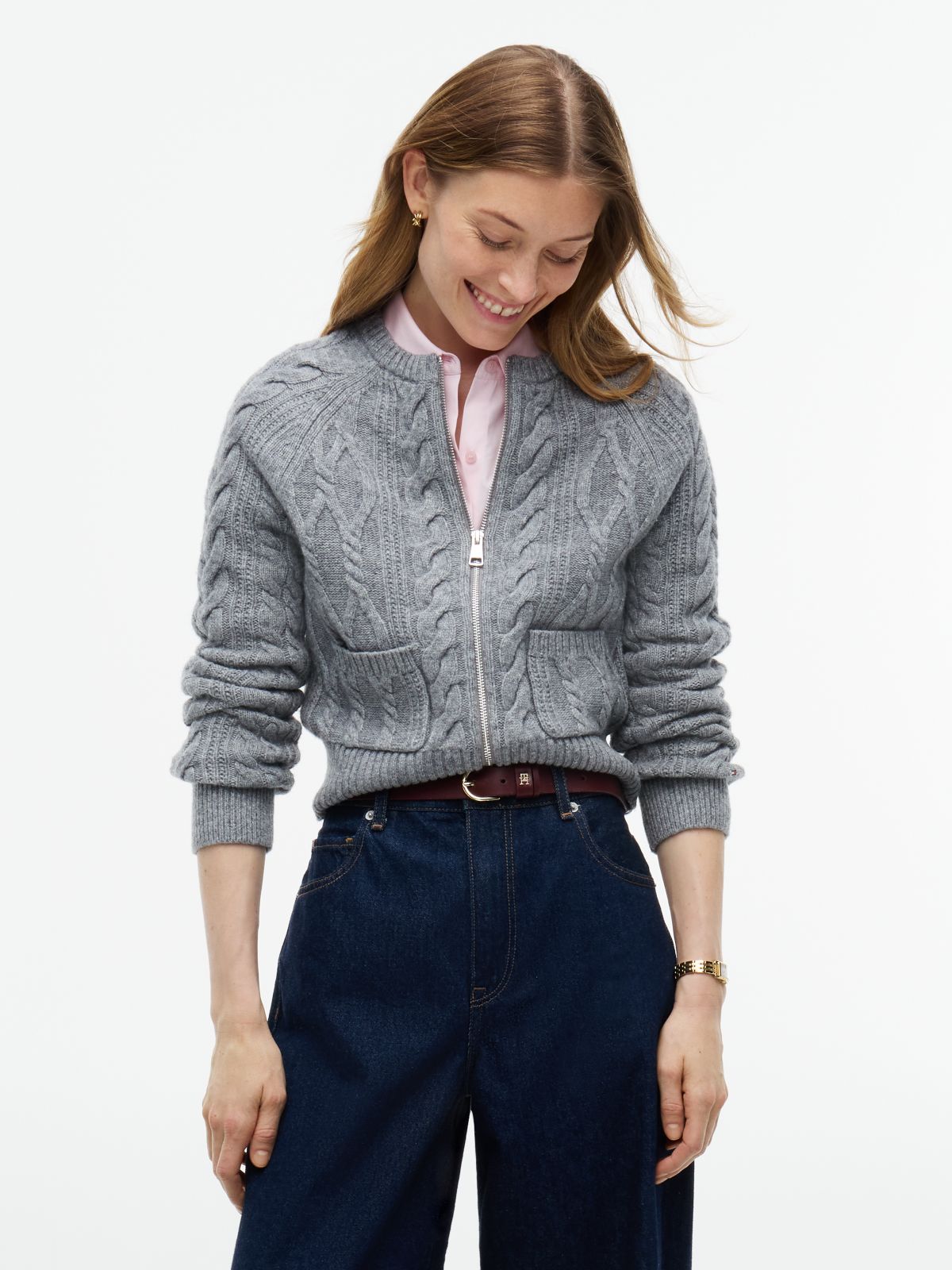 Wool Blend Cable Knit Slim Cardigan — Grey