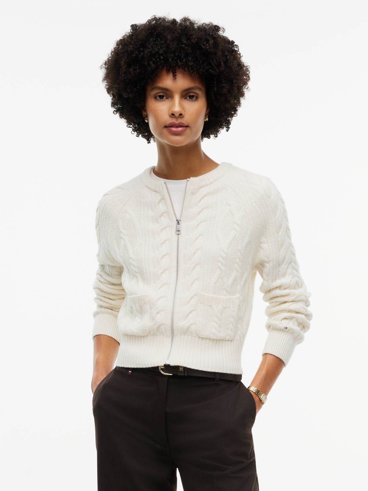 Wool Blend Cable Knit Slim Cardigan — Yellow
