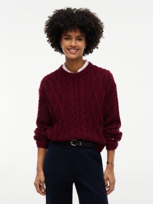 purple relaxed fit zopfmuster-pullover mit seide für damen - tommy hilfiger