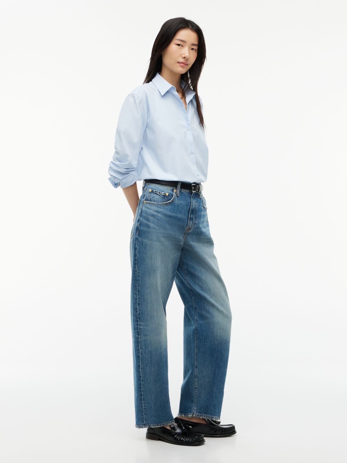 Quinn Mid Rise Barrel Faded Jeans — Denim