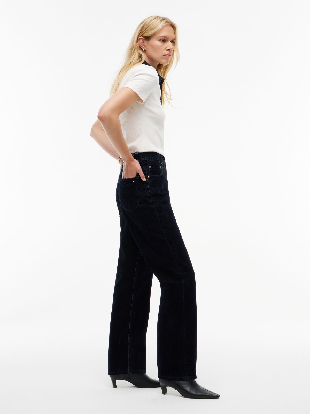 Sarah Festive High Rise Straight Flocked Jeans — Blue