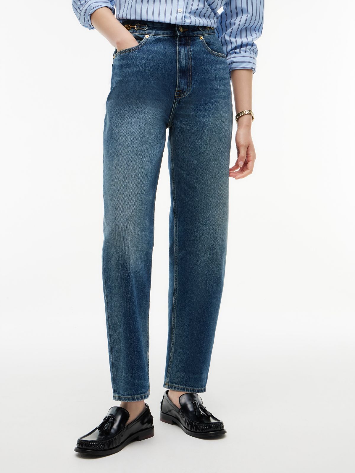Jackie High Rise Tapered Horsebit Ankle Jeans — Blue