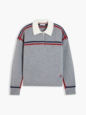 grey pure wool boxy fit polo jumper for women tommy hilfiger