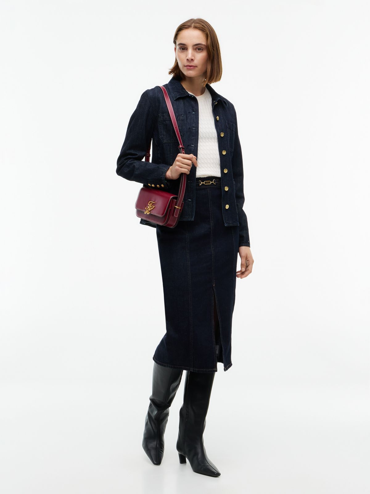 Horsebit Slim Denim Midi Skirt — Blue