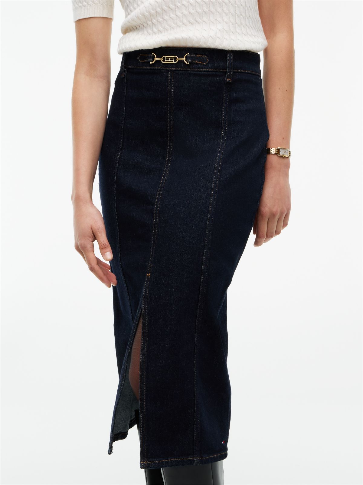 Horsebit Slim Denim Midi Skirt — Blue