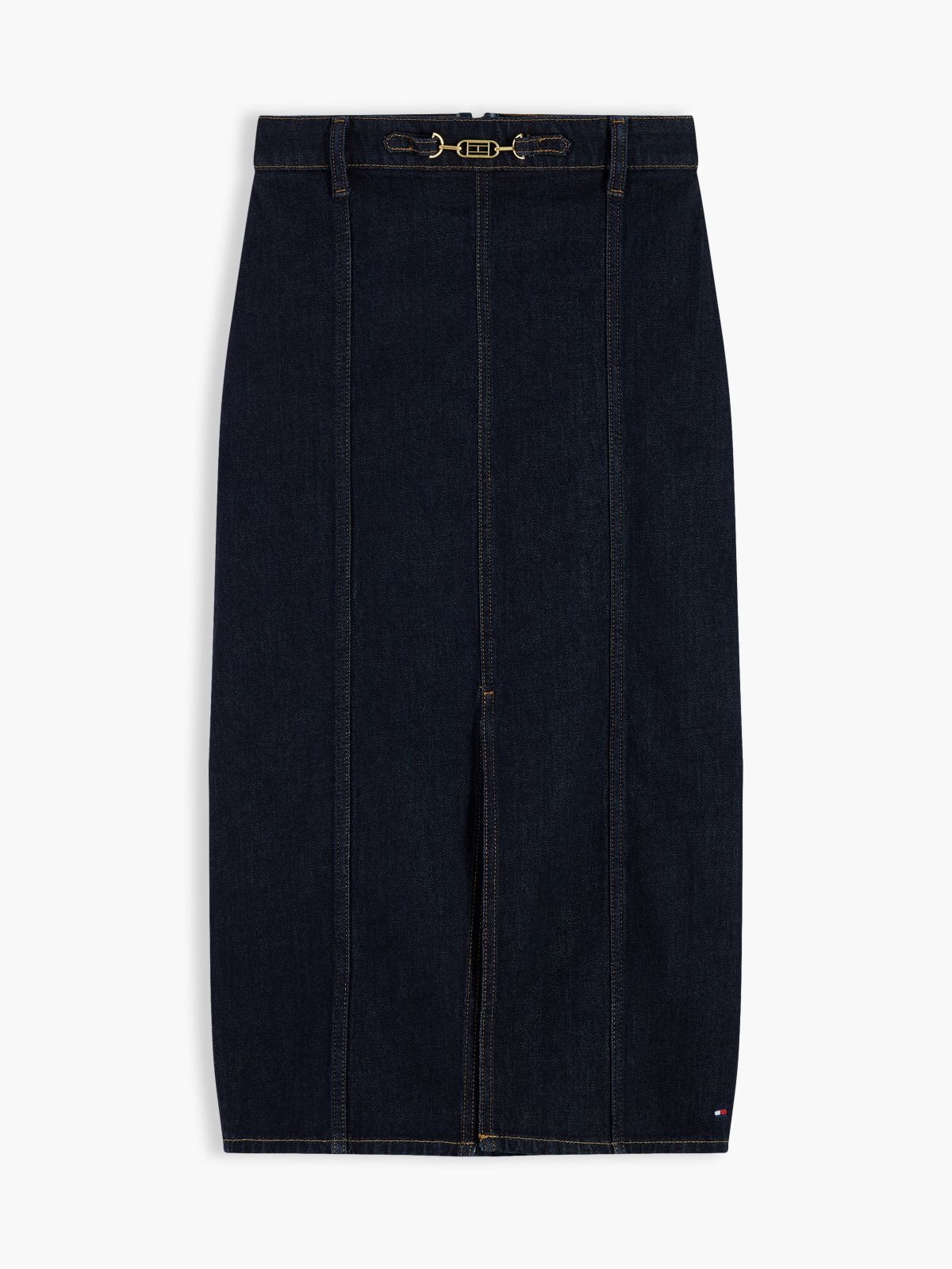 Horsebit Slim Denim Midi Skirt — Blue