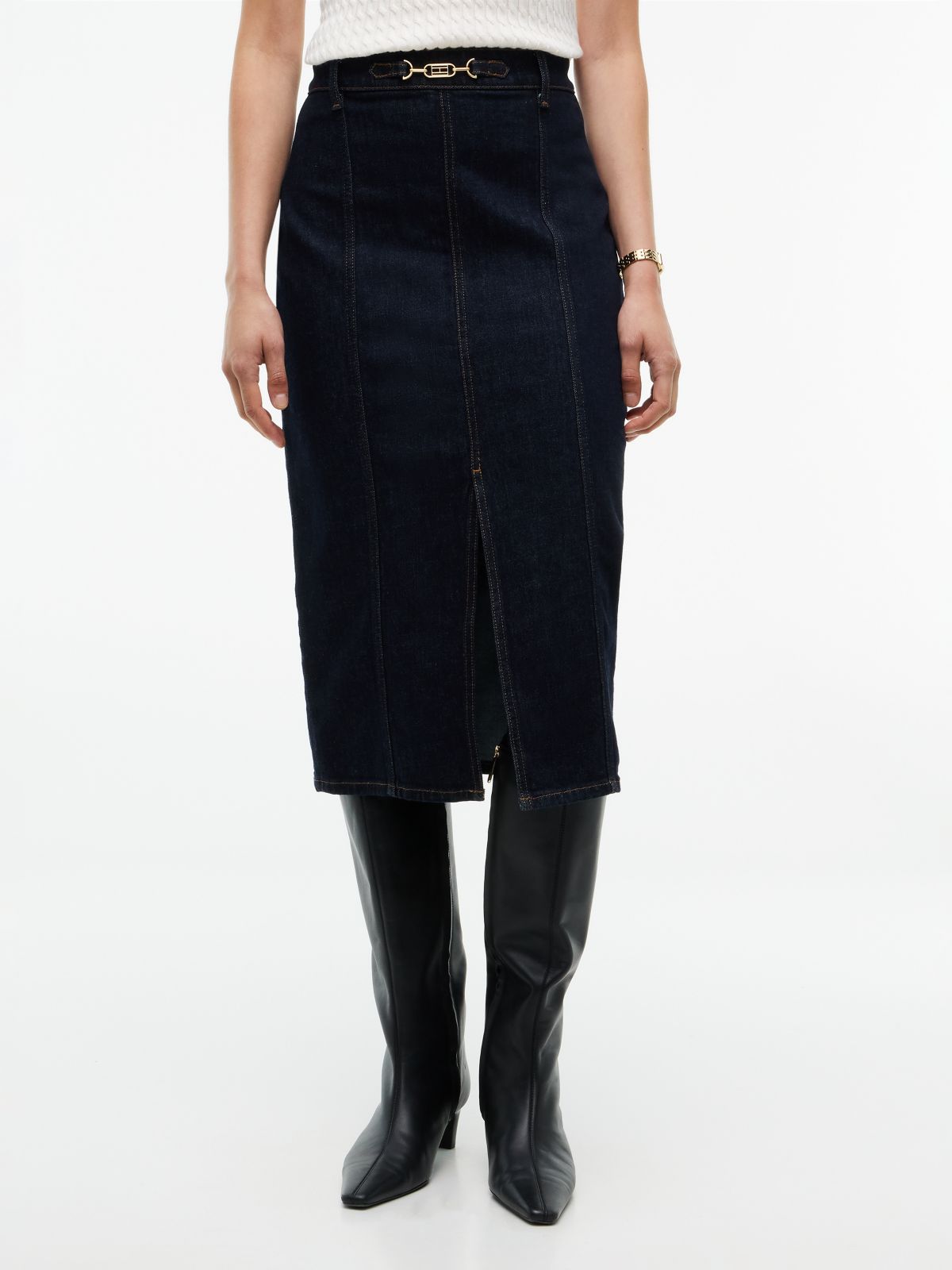 Horsebit Slim Denim Midi Skirt — Blue