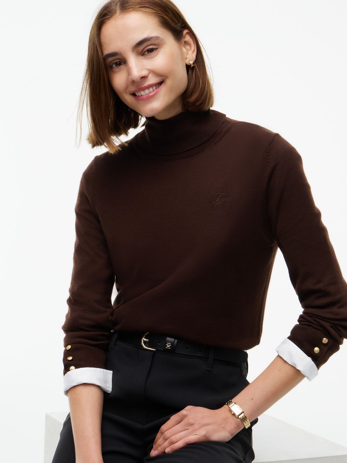 Pure Wool Slim Turtleneck Jumper — Brown