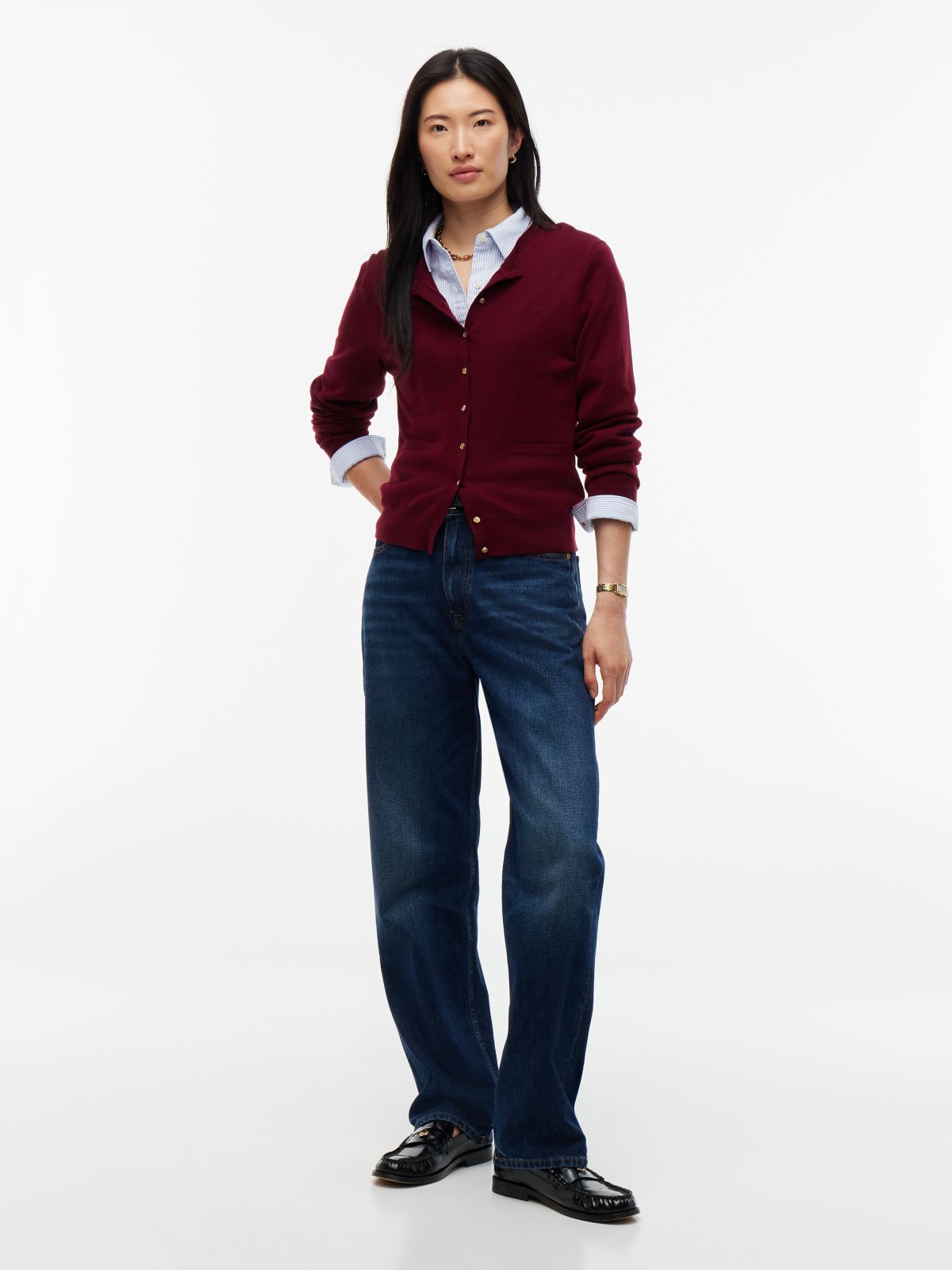 Pure Wool Gold-Tone Button Cardigan — Purple