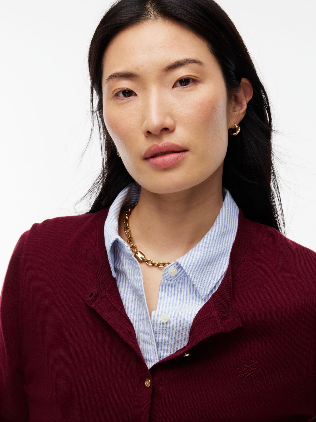 Pure Wool Gold-Tone Button Cardigan — Purple