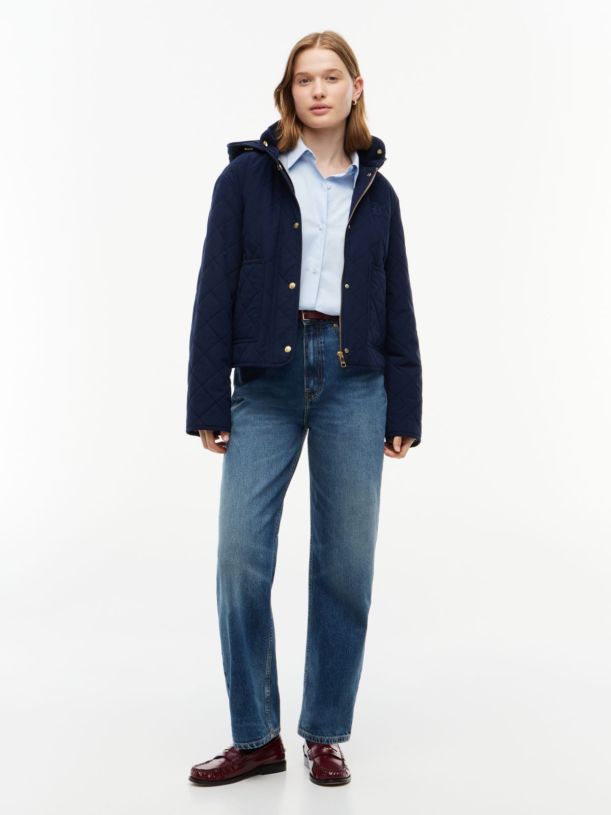 Crest Embroidery Square Quilted Hooded Jacket — Blue