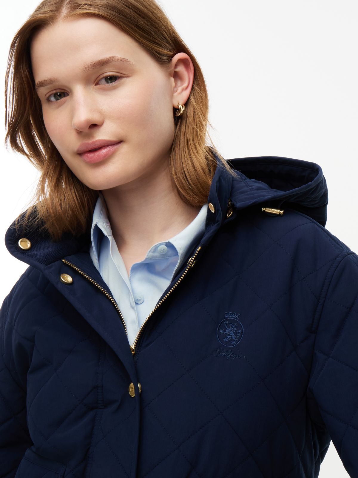 Crest Embroidery Square Quilted Hooded Jacket — Blue