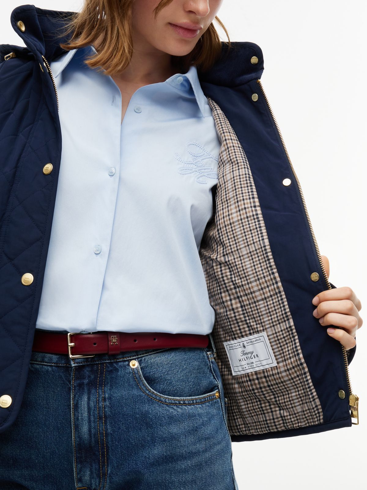 Crest Embroidery Square Quilted Hooded Jacket — Blue