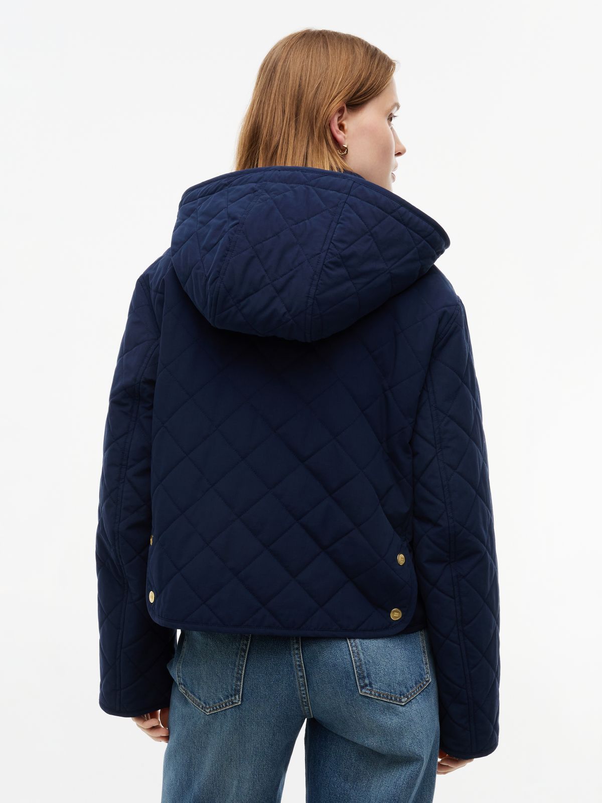 Crest Embroidery Square Quilted Hooded Jacket — Blue