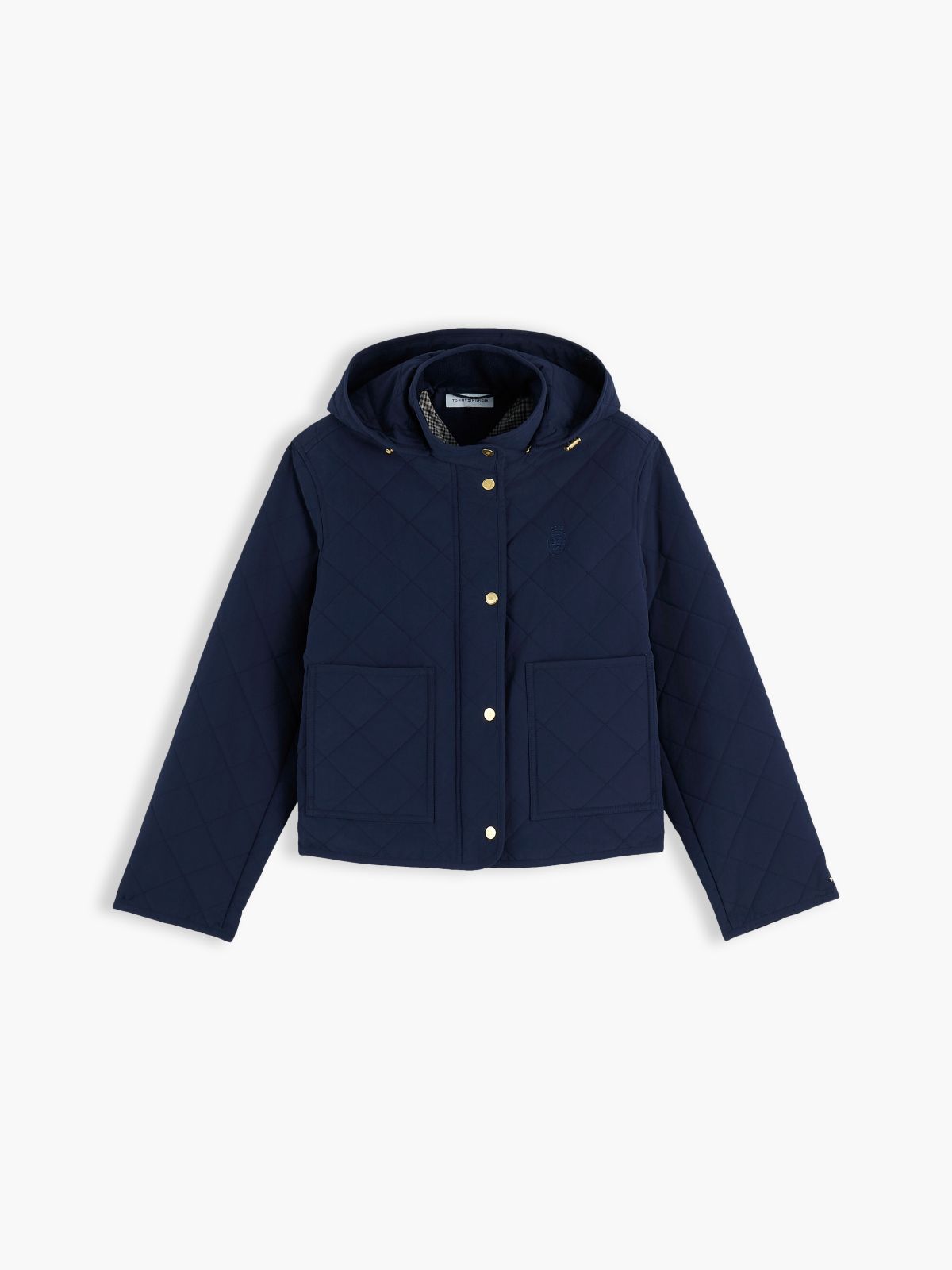 Crest Embroidery Square Quilted Hooded Jacket — Blue