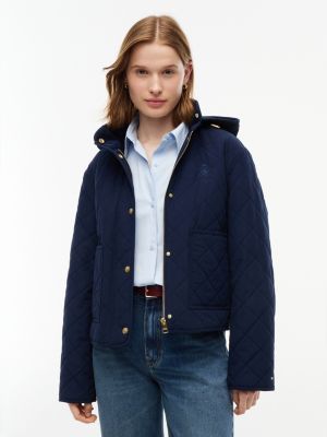 blue crest embroidery square quilted hooded jacket for women tommy hilfiger