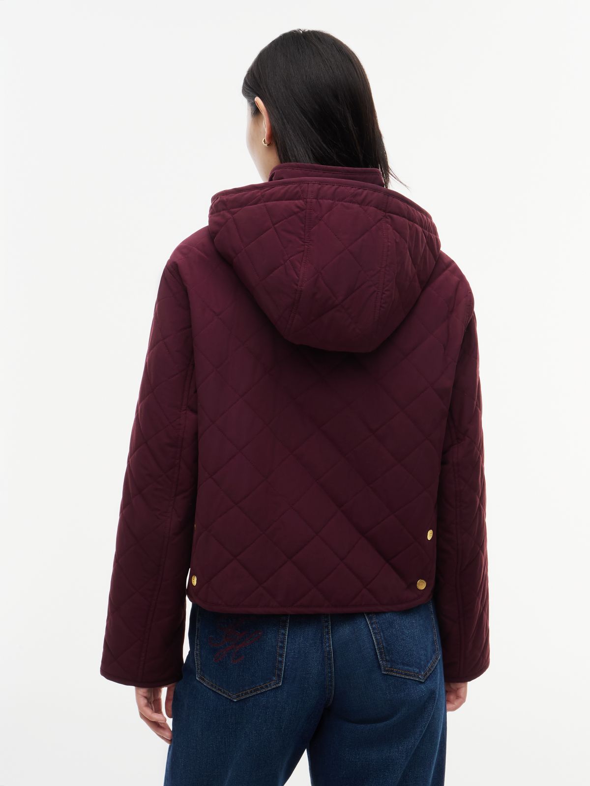 Crest Embroidery Square Quilted Hooded Jacket — Red