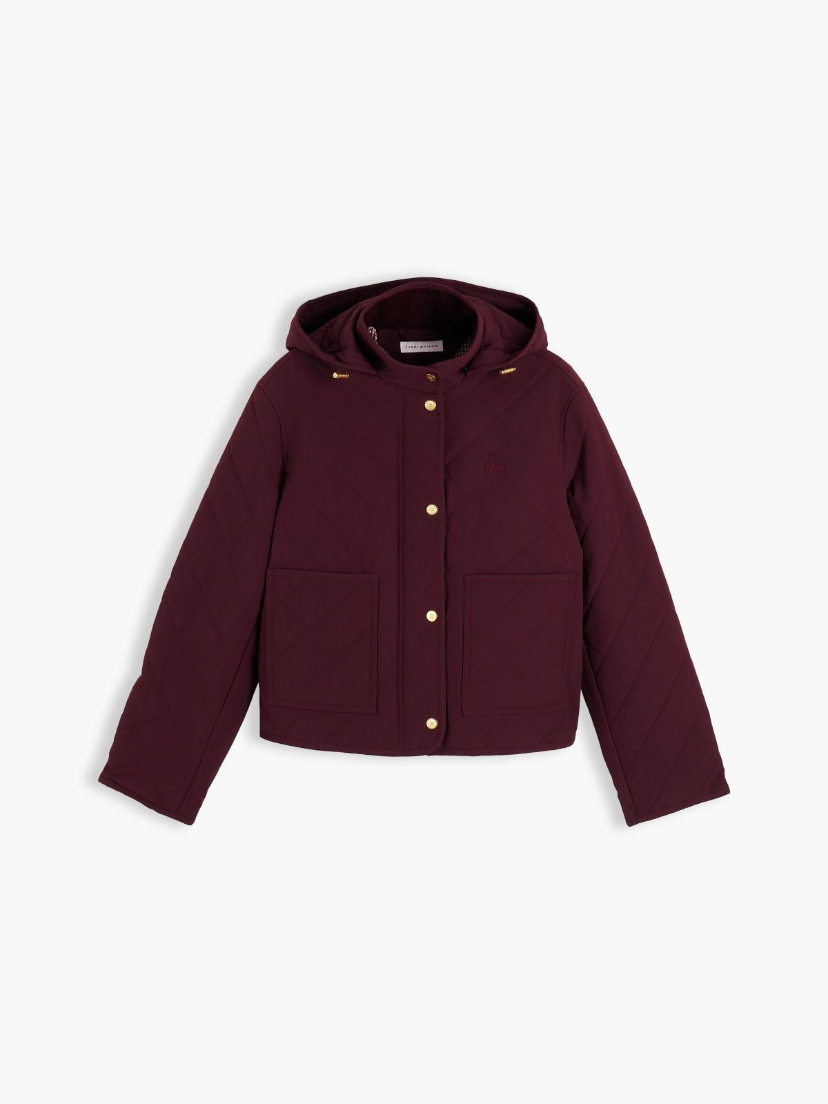 Crest Embroidery Square Quilted Hooded Jacket — Red
