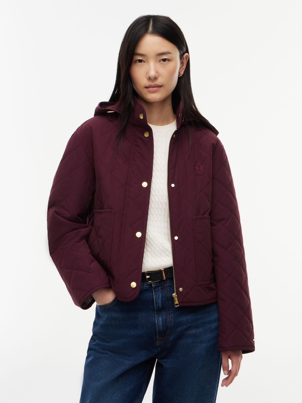 Crest Embroidery Square Quilted Hooded Jacket — Red