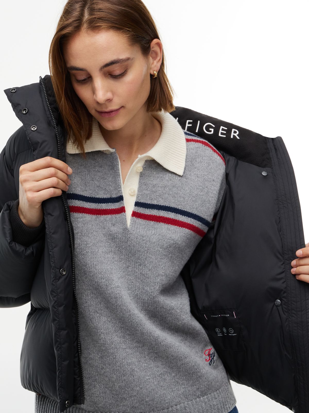 Logo Embroidery Water Repellent Down Jacket — Black