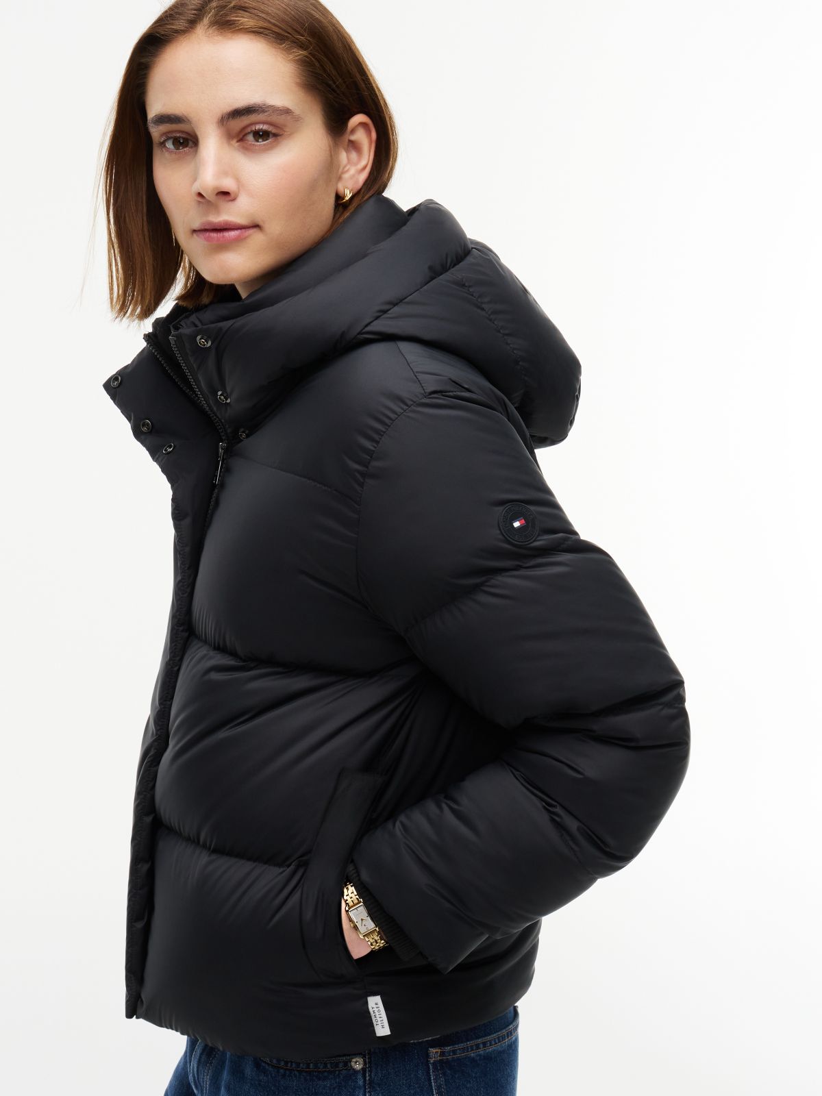 Logo Embroidery Water Repellent Down Jacket — Black