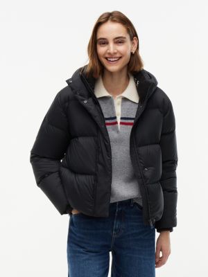 black logo embroidery water repellent down jacket for women tommy hilfiger